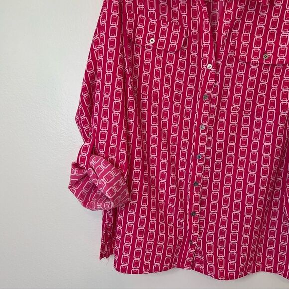 Elementz Blouse Size 2X Pink White Geometric Button Down Long Sleeves Roll-tab - Picture 4 of 6